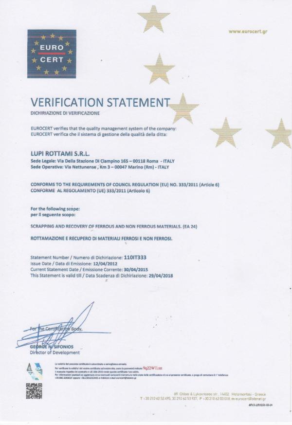 CERTIFICATO UE 333 2011